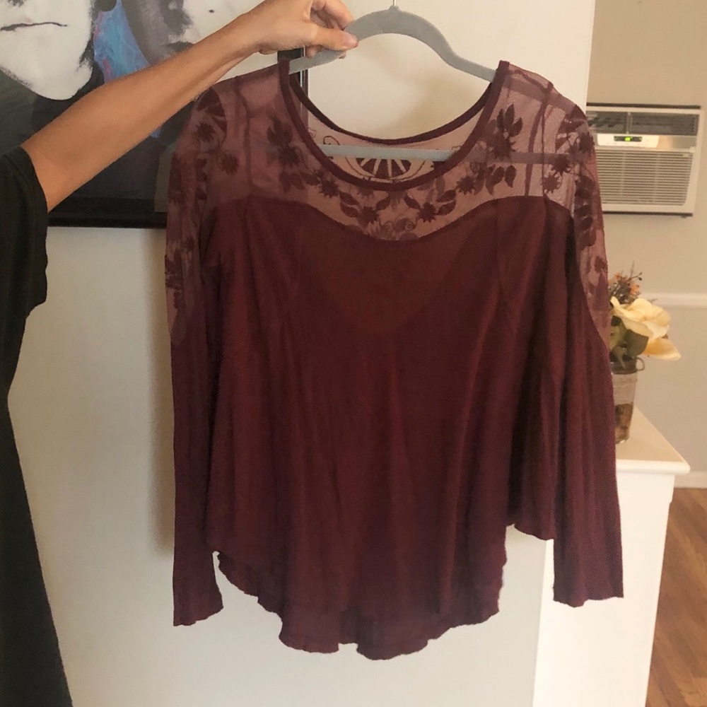 Free People maroon lace shoulder blouse